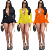 Solid Color Black V Neck Long Sleeve Shorts Jumpsuit