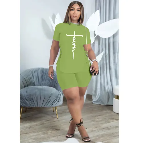 Casual Fruit Green Letter Print Slit Eyelet Bandage O Neck Short Sleeve Tracksuit Set