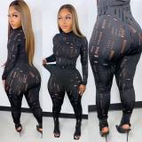 Black Sexy Solid Ripped See-through Turtleneck Long Sleeve Two Pieces Tracksuit Set