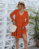Women's Casual Dress Button Down Shift Tunic Short Sleeve Shift Ruffle V Neck Flowy Swing Dresses