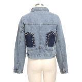 Color Block Short Beaded Denim Jacket