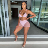 Summer Pale Pink Beachwear Sexy Mesh Sequined Two Piece Short Set