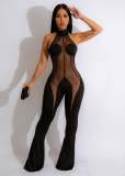 Solid Color Mesh Splicing Sexy See Through Halter Backless Wide-leg Jumpsuit