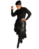Women PU Leather Beaded Ruffle Asymmetric Hem Knee Length Black Skirt