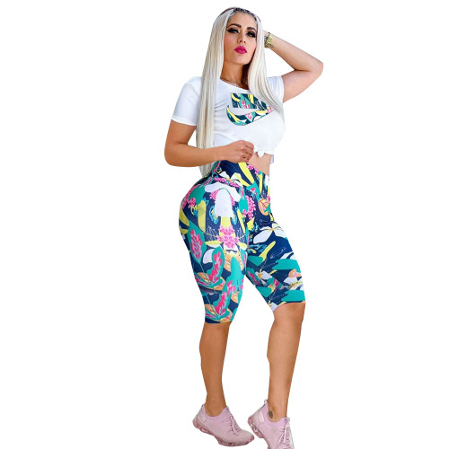 Casual Contrast Color Printed High Waist Sports Shorts Sets