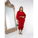 Autumn Winter Round Neck Loose Solid Color Crop Sweatshirt Pant Set