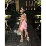 Pink Backless Tie Collar Top High Waist Cutout Shorts Set
