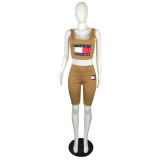 Solid Color Offset Sports Sleeveless Short Set