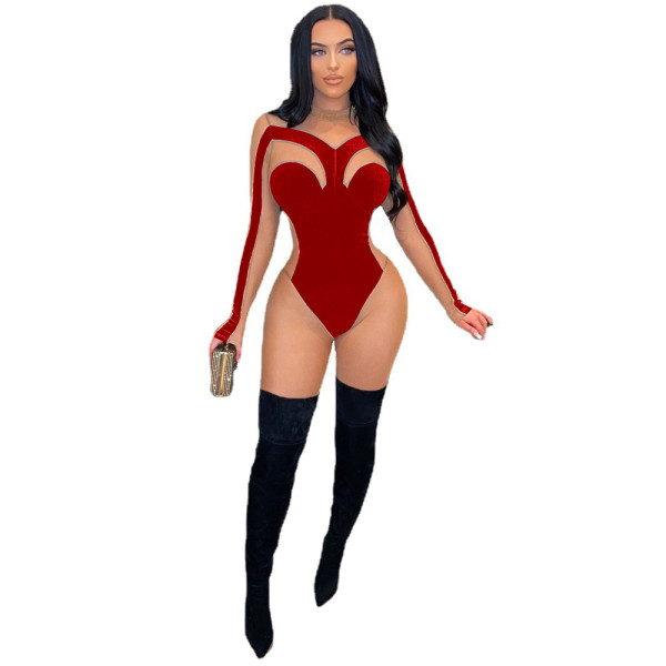 Gold Velvet Mesh Stitching Jumpsuit & Romper