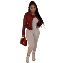 Wine Red Women Clothing Fashion Spring Solid Zipper PU Leather Jacket Casual Coat