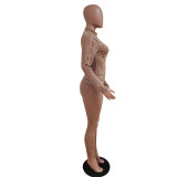 Brown Sexy Solid Ripped See-through Turtleneck Long Sleeve Two Pieces Tracksuit Set