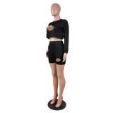 Casual O Neck Long Sleeve Sweatshirt Shorts Set with Pocket