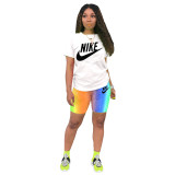 Casual Round Neck Gradient Print 2 Piece Short Set Women