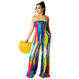 Casual Printed Tie-dye Strapless Jumpsuit with Wide-leg