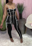 Solid Color Contrasting Ribbon Tassel Zipper Straps Tops & Long Pants