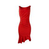 Red Women Summer 2022 Fashion Trend Sexy V-neck Solid Sleeveless Pleated Button Dress