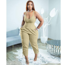 Apricot Casual Solid Split Joint Spaghetti Strap Sleeveless Jumpsuits with Back Zipper