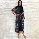 Soft High Elastic Long Sleeve Printed Loose Long Jacket with Belt