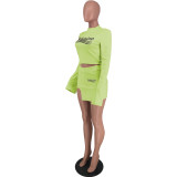 Solid Color Pale Green Printed Letter Slit Skirt Set for Women