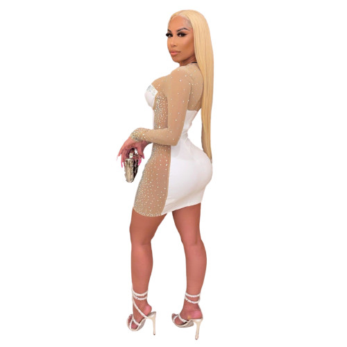 Casual White Hot Drilling See-through O Neck Long Sleeve Mini Dress