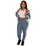 New Sporty Women Long Sleeve Collared Striped Drawstring Casual Stitching Printed 2pcs