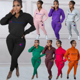 Autumn Winter Zipper High Neck Printed Sweatshirt Casual 2 Piece Pant Set