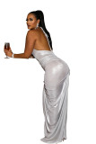 Solid Color Deep V Halter Stacked Maxi Dresses