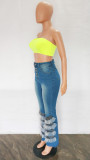 High Waist Button Fly Contrast Mesh Ruffle Trim Flare Leg Jeans
