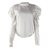 Solid Color Imitation Cotton Puff Sleeve Burnt Hole Top