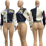 Casual Colorblock Button Fashion Print Double Thread Baseball Jacket