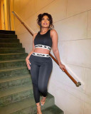 Black Casual Printed Tight Track Crop Tank Top Pants Set