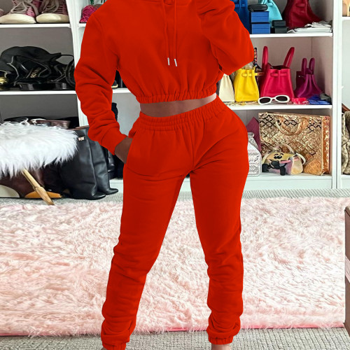 Orange Velvet Thicken Sports Hoodie Jogging Pants Two Piece Winter Set For Women