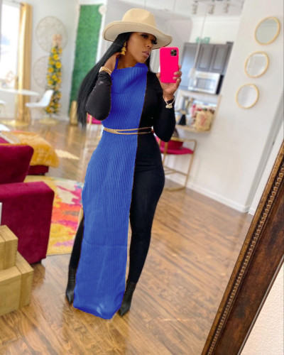 Blue Sexy Solid Split Turtleneck Nightclub Sweater Sexy Long Sleeveless Dress (Without Waist Chain)