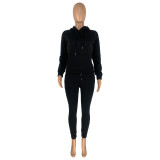 Autumn Winter Thick Drawstring Jogger Two Piece Black Sweatpants and Hoodie Set