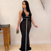 Hot Drilling Sleeveless Halter Perspective Maxi Dress