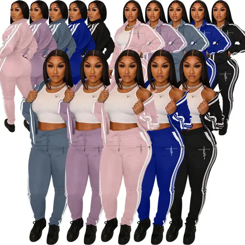 New Sporty Women Long Sleeve Collared Striped Drawstring Casual Stitching Printed 2pcs