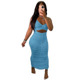 Solid Color Halter Pleated Long Dress