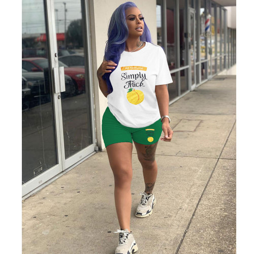 Casual Solid Color Graphic Print Short Sleeve Shorts 2 Piece Set