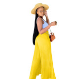 Yellow Casual Solid Pleated Mid Waist Wide Leg Pants