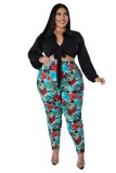 Plus Size Long Sleeve Bandage Shirt + Printed Pants 2 Piece Sets