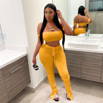 Sexy Yellow Sling Wrap Crop Top Pleated Wrinkled Trousers Two Piece Sexy Yellow Sling Wrap Crop Top Pleated Wrinkled Trousers Two Piece