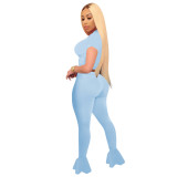 Light Blue Women Fitness Mesh Stitching Clothing Wear Flared Trousers Women Set