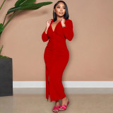 Solid Color V Neck Ruched Maxi Dress