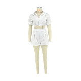 Casual Solid Color Piled Sleeves Crop Shirt Shorts Set