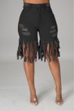 Spring Casual Solid Color Tassel Frayed Midi Jeans