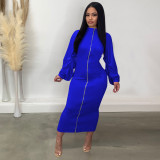 Ruched Lantern Sleeve Zip Front Bodycon Dress
