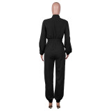 Classic Solid Offset Printed Long Sleeve Cargo Jumpsuit