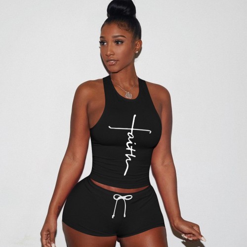 Summer Black Knitting Printed Breathable Vest Short Two-Piece Set