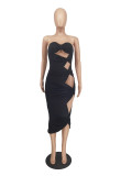 Black Solid Color Hollow Strapless Mid Dress