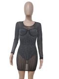 Black Long Sleeves Mesh Bodycon Dress with Rhinestones